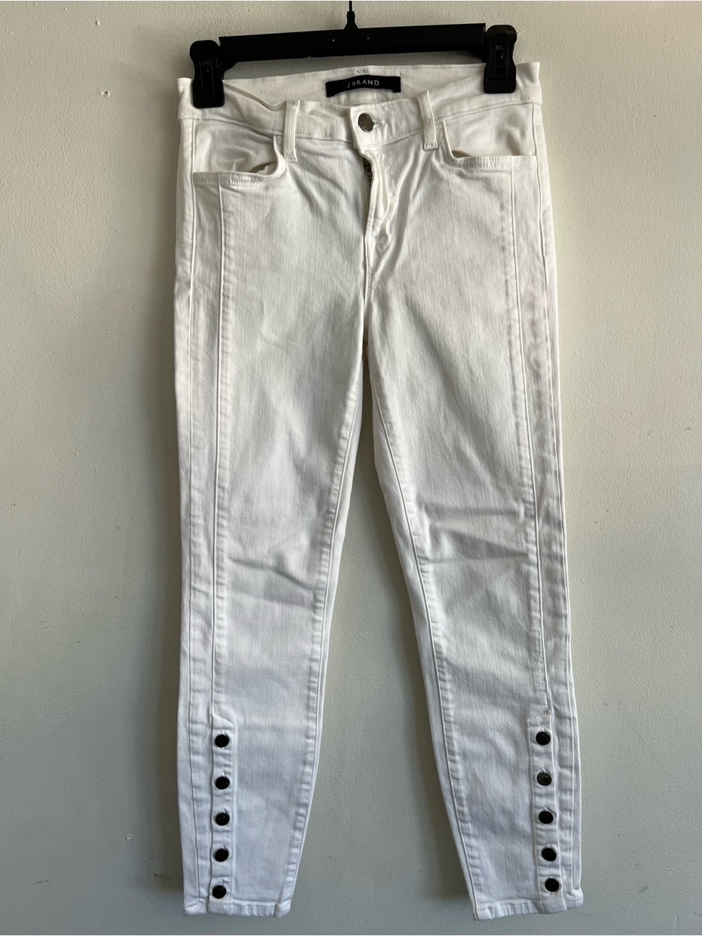 J Brand White Skinny Jeans with Button-Hem Detail